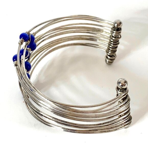 Vintage Multi-Layer Multi-Beads Blue Cat Eye Wrapped Wire Cuff Bracelet - Picture 6 of 8